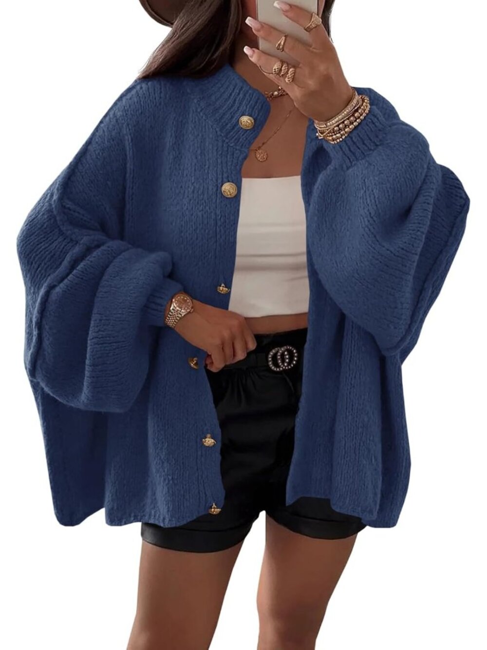 Women's Navy Lantern Sleeve Button Down Casual Chunky Knit Cardigan Sweater